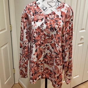 Croft & Barrow Orange Floral V-Neck 100% Cotton Knit Top Size 1X